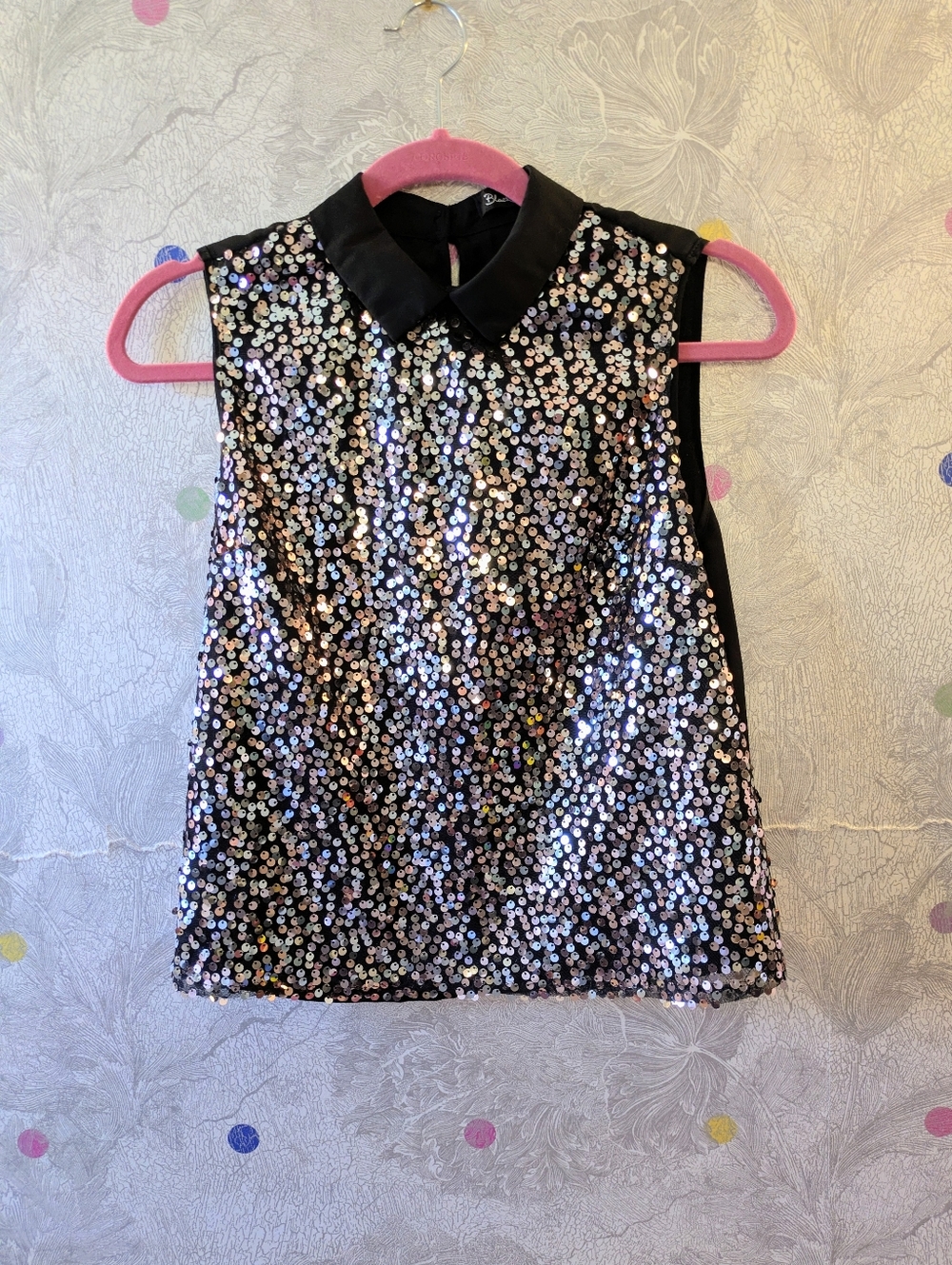 Black Sequin Sleeveless Collared Top